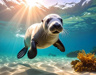 Seal underwater swimming with sunlight beaming through the crystal clear water