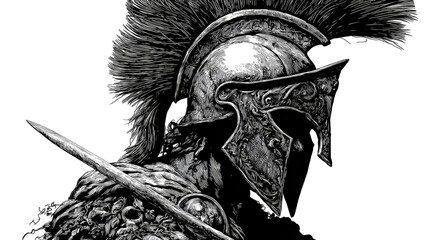 A Spartan warrior is illustrated in bold black and white style showing strong ancient battle details on white background
