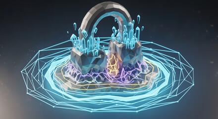A futuristic glowing padlock design floats amidst digital circuitry and energy