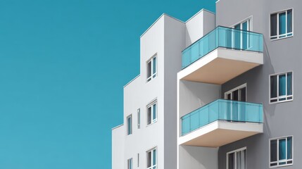 Modern residential building with sleek architecture featuring multiple balconies and large windows against a clear blue sky, showcasing contemporary urban living and design aesthetics