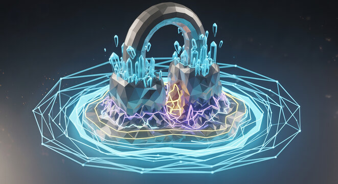 A futuristic glowing padlock design floats amidst digital circuitry and energy