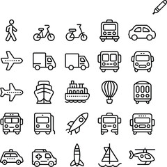 Transportation icon set with black and white line symbols of vehicles, travel modes, and mobility concepts
