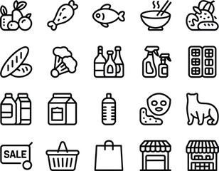 Collection of grocery store items in black outline icons arranged in a grid pattern on white background