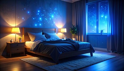 Cozy modern bedroom with warm lamps and glowing blue star-like lights
