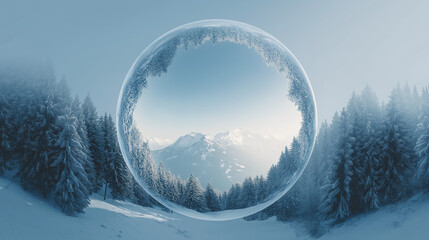 Winter wonderland encapsulated in a snow globe revealing mountain views
