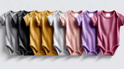 Collection of colorful baby bodysuits displayed in a row, featuring various shades including black, yellow, gray, pink, purple, and maroon, showcasing soft fabric textures and stylish designs for infa