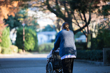 落ち葉の中、秋の屋外で介護する女性と車椅子の高齢者　広角の全身顔無しの後ろ姿 訪問介護や散歩などの外出イメージ