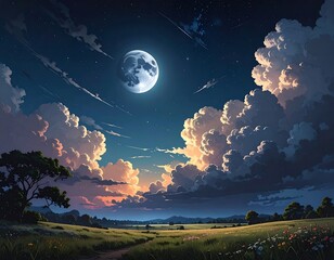 Serene moonlit landscape with rolling clouds over a peaceful meadow artwork