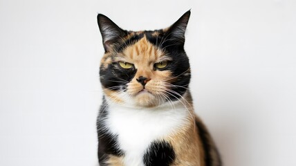 Grumpy calico cat with intense green eyes looking directly forward