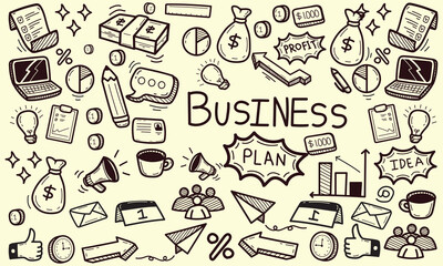 Business doodle icon set, vector hand drawn finance sketch, ink line startup money clipart. Creative presentation project scribble, cartoon cute strategy sign, achievement chart. Business doodle kit