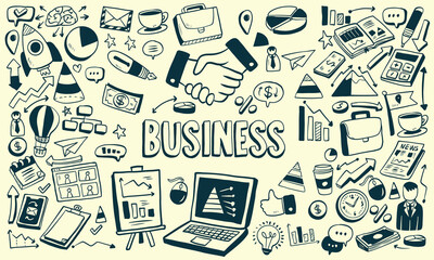 Business doodle icon set, vector hand drawn finance sketch, ink line startup money clipart. Creative presentation project scribble, cartoon cute strategy sign, achievement chart. Business doodle kit