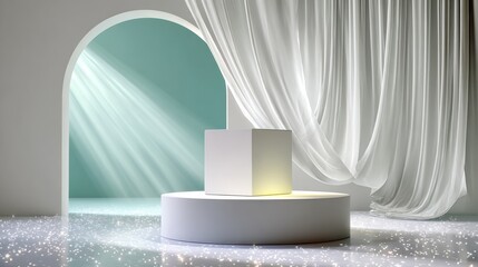 Minimalist display scene featuring a white pedestal with a cubic object, surrounded by flowing curtains and soft light beams, creating an elegant atmosphere for product presentation