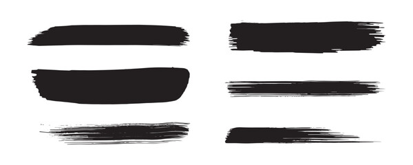 A collection of bold black grunge brush stroke set with rough textures, smudged paint effects, dry-brush edges, and hand-painted ink lines