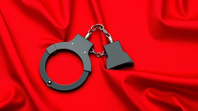 A pair of black metal handcuffs connected by a short chain, resting on a vibrant red satin fabric background
