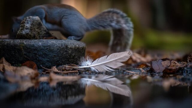 A close-up shot of a gray squirrel looking at a feather near water with blurred background