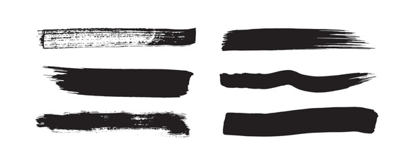 A collection of bold black grunge brush stroke set with rough textures, smudged paint effects, dry-brush edges, and hand-painted ink lines