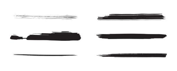 A collection of bold black grunge brush stroke set with rough textures, smudged paint effects, dry-brush edges, and hand-painted ink lines