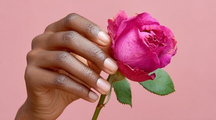 Hand holding a vibrant pink rose against a soft pastel background, showcasing the delicate petals and lush green leaves, symbolizing beauty and nature's elegance
