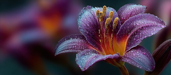 Dew-Kissed Lily A Floral Symphony in Purple and Gold with Delicate Water Droplets