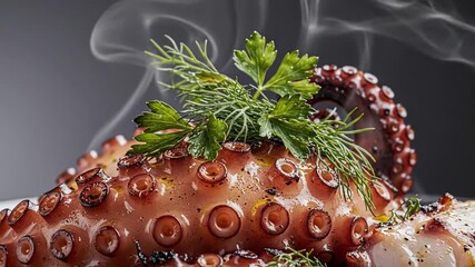 Steaming grilled octopus with fresh herbs, culinary art with gourmet flair, seafood delight with a hint of Mediterranean influence