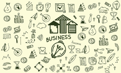 Business doodle icon set, vector hand drawn finance sketch, ink line startup money clipart. Creative presentation project scribble, cartoon cute strategy sign, achievement chart. Business doodle kit