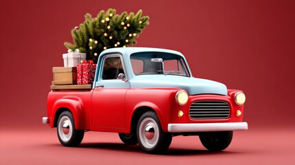 Vintage red pickup truck with blue accents, loaded with Christmas gifts and a lush evergreen tree, set against a festive red background, capturing holiday spirit and nostalgia