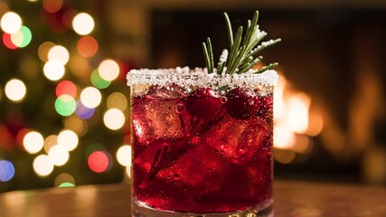 Festive cocktail with rosemary garnish, holiday cheer by the fireplace, warm ambiance of Christmas lights and seasonal flavors