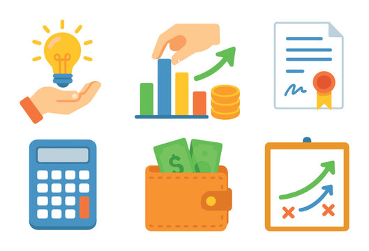 Financial growth and strategy: charts, wallets, certificates, and calculators