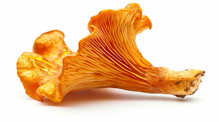 Single, beautiful golden Chanterelle mushroom with wavy edges and prominent ridges, highlighting its culinary and wild nature