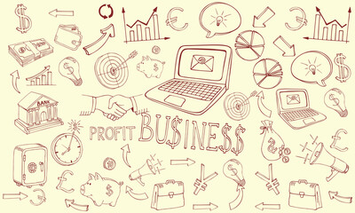 Business doodle icon set, vector hand drawn finance sketch, ink line startup money clipart. Creative presentation project scribble, cartoon cute strategy sign, achievement chart. Business doodle kit