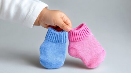 Small hand holding two colorful baby socks, one blue and one pink, against a soft gray background, symbolizing childhood, warmth, and care in a playful manner