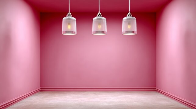 Bright pink interior room featuring three modern pendant lights hanging from the ceiling, creating a vibrant atmosphere with ample copy space for design elements and text placement