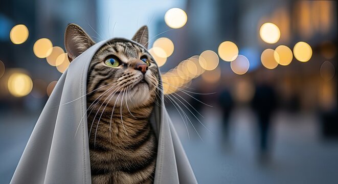 Mystical feline gazing towards illuminated orbs in urban twilight setting