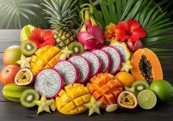 Vibrant Assortment of Fresh Tropical Fruits on a Display