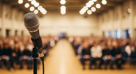 Ready microphone awaiting speaker, blurred audience eagerly anticipate the upcoming presentation