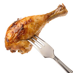 Juicy golden brown chicken leg held by silver fork