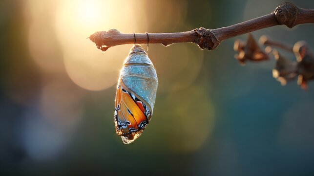 Butterfly emerging from cocoon on branch with soft morning light, transformation, growth, new beginnings.