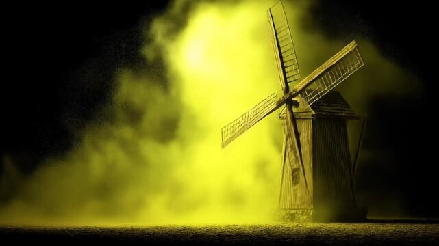 A wooden windmill stands against a yellow, cloudy backdrop on a dark night, with a mist