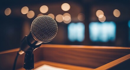 Microphone poised on podium for impactful public speaking engagement or speech delivery