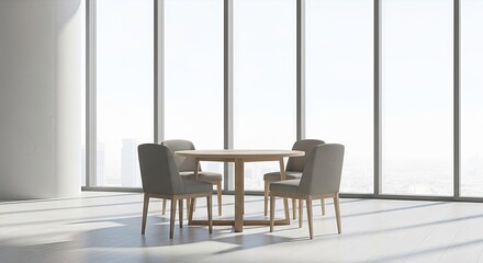 Minimalist dining area with round table and chairs in a bright spacious interior
