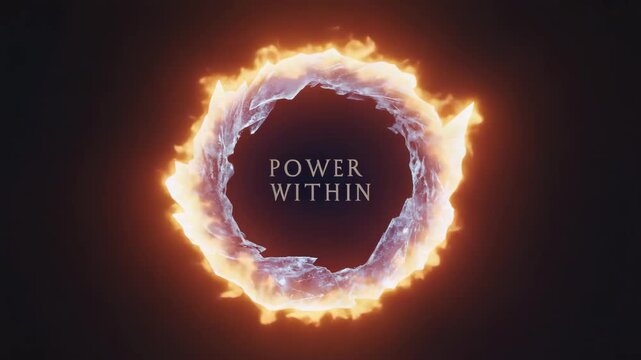 Power within text surrounded by fiery circular frame  