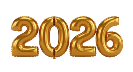 Golden 2026 balloon numbers, 3D shiny inflatable texture, isolated