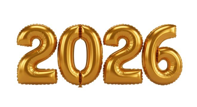 Golden 2026 balloon numbers, 3D shiny inflatable texture, isolated - Powered by Adobe
