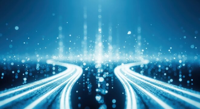 Digital data flow light trails and particles create an abstract blue technology background