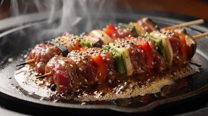 Sizzling skewers on a grill, vibrant vegetables enhance savory meats, perfect for barbecue gatherings and summer feasts