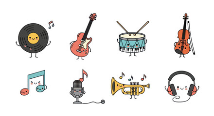 Cartoon musical instruments collection with smiling faces and musical notes