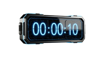 Digital countdown timer, 3D futuristic display, isolated