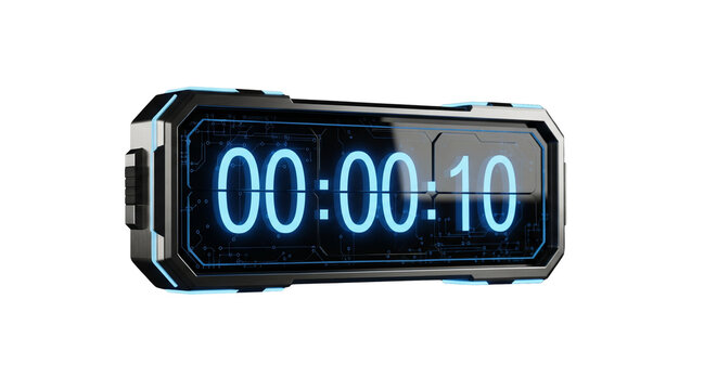 Digital countdown timer, 3D futuristic display, isolated