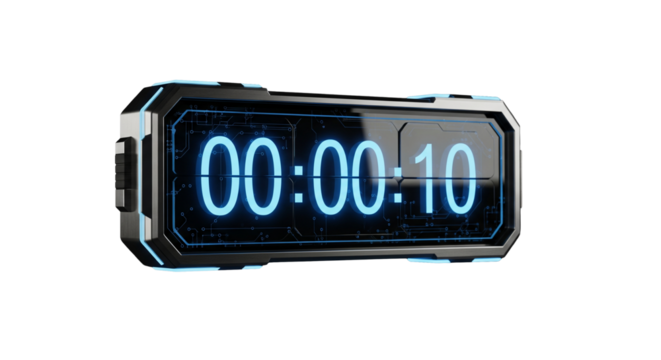 Digital countdown timer, 3D futuristic display, isolated