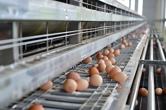 Fresh eggs moving on a poultry farm conveyor - Powered by Adobe
